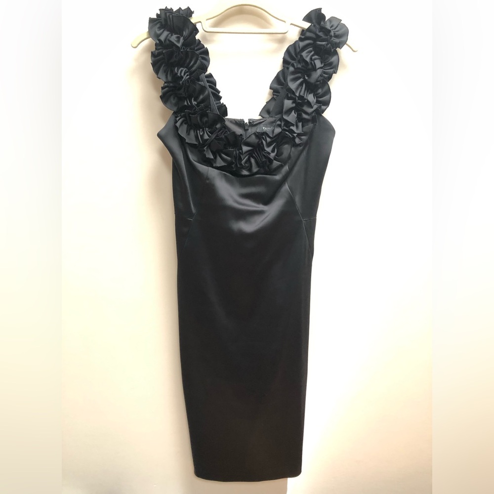 White House Black Market Satin Black Dress with Ruffled Neckline
